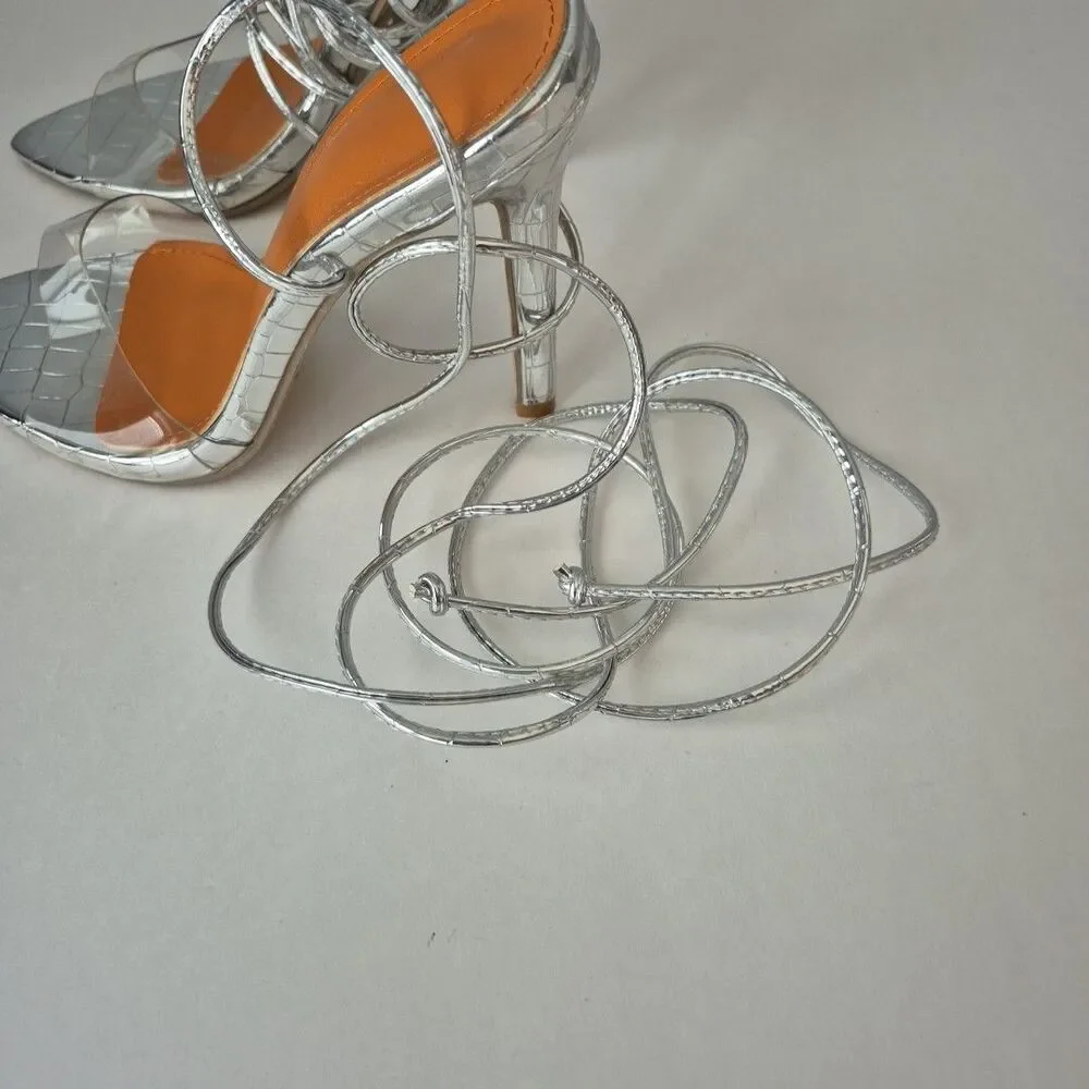 Boutique Silver Clear Open Toe Lace Up and Around the Calf High Heels Womens 6